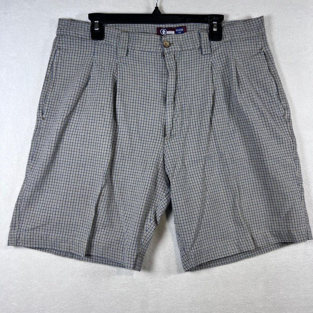 Arizona Jean Co Mens 36 Relaxed Fit Pleated Plaid Shorts Blue Tan Cotton 90s